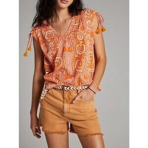 Anthropologie V Neck Short Sleeve Tie Tassel Shoulder Printed Top Blouse Orange